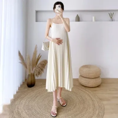 Pregnant Women Casual Loose Solid Color Pleated Camisole Dress
