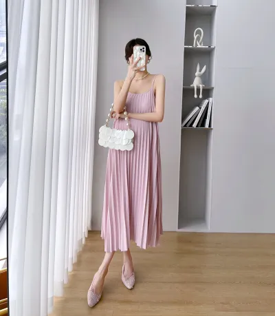 Pregnant Women Casual Loose Solid Color Pleated Camisole Dress