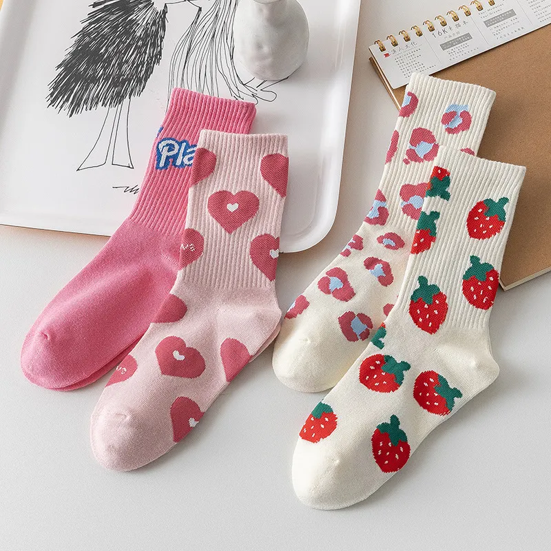 Women Fashion Cute Pink Love Strawberry Mid-Length Socks