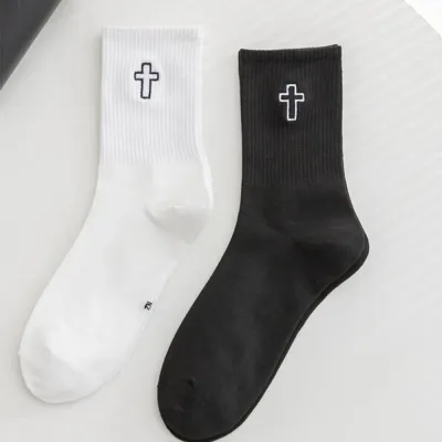 Fashion Casual Black White Two-Color Pattern Embroidered Mid-Tube Socks 2pair/Set