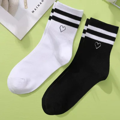 Fashion Casual Black White Two-Color Pattern Embroidered Mid-Tube Socks 2pair/Set