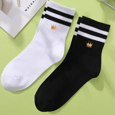 Fashion Casual Black White Two-Color Pattern Embroidered Mid-Tube Socks 2pair/Set