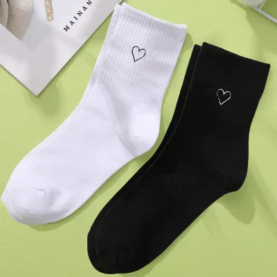 Fashion Casual Black White Two-Color Pattern Embroidered Mid-Tube Socks 2pair/Set
