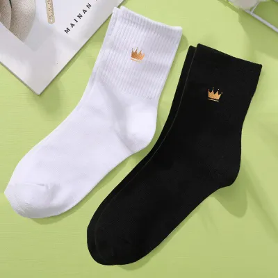 Fashion Casual Black White Two-Color Pattern Embroidered Mid-Tube Socks 2pair/Set