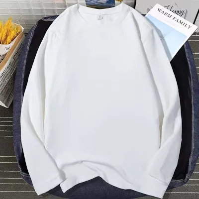 Simple Solid Color 180G Cotton Long Sleeve Blank T-Shirt For Men Retro Extra Long Sleeve Crewneck Regular Fit Pullover