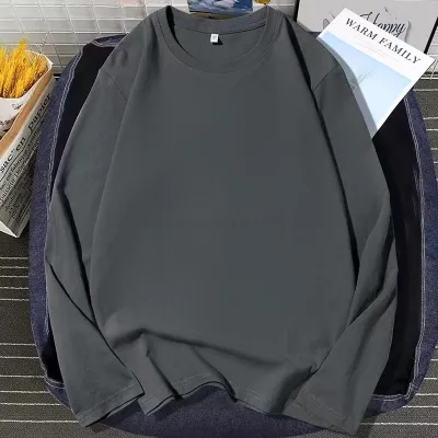 Simple Solid Color 180G Cotton Long Sleeve Blank T-Shirt For Men Retro Extra Long Sleeve Crewneck Regular Fit Pullover