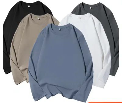 Simple Solid Color 180G Cotton Long Sleeve Blank T-Shirt For Men Retro Extra Long Sleeve Crewneck Regular Fit Pullover