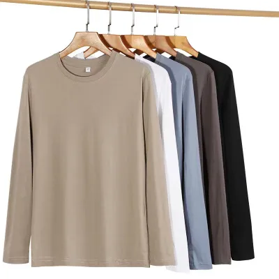 Simple Solid Color 180G Cotton Long Sleeve Blank T-Shirt For Men Retro Extra Long Sleeve Crewneck Regular Fit Pullover