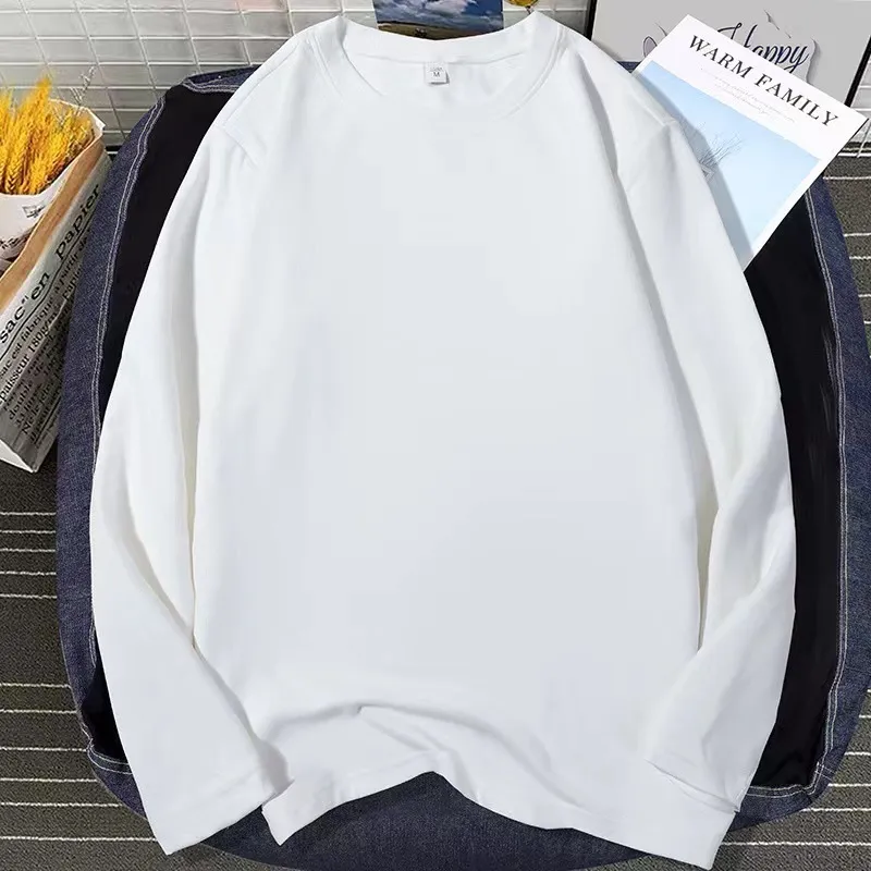 Simple Solid Color 180G Cotton Long Sleeve Blank T-Shirt For Men Retro Extra Long Sleeve Crewneck Regular Fit Pullover