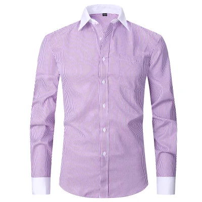 Men Plus Size Spring Stripe Long-Sleeved Dress Shirts with Pocket