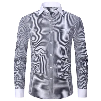 Men Plus Size Spring Stripe Long-Sleeved Dress Shirts with Pocket