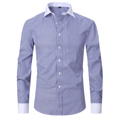 Men Plus Size Spring Stripe Long-Sleeved Dress Shirts with Pocket