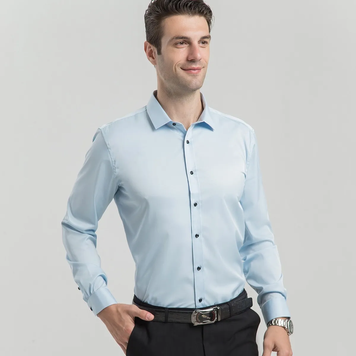 Men's Long Sleeve Square Collar Solid Color Cardigan Business Commute Loose Shirt