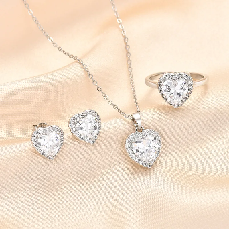 Zircon Jewelry Set Women Heart Shaped Diamond Clavicle Chain Necklace Ring Earrings Sets