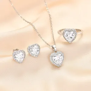 Zircon Jewelry Set Women Heart Shaped Diamond Clavicle Chain Necklace Ring Earrings Sets