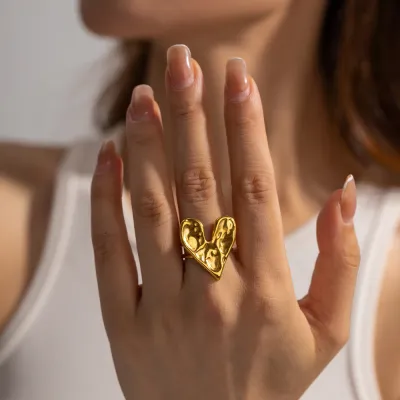 18k Gold Stainless Steel Hammered Heart Shape Ring Women Geometric Personality