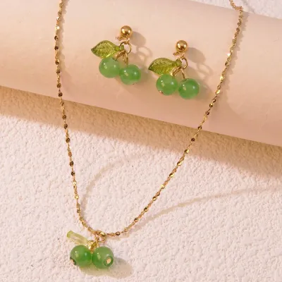 Sweet Spring Style Cherry Shape Necklace Earrings Stainless Steel Jewelry Set