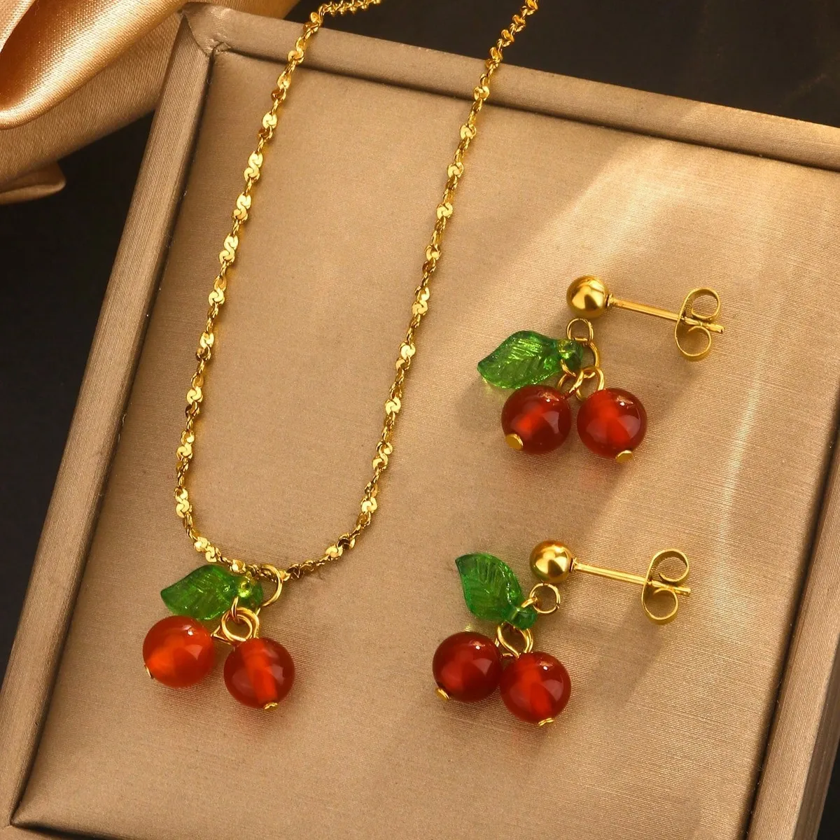 Sweet Spring Style Cherry Shape Necklace Earrings Stainless Steel Jewelry Set