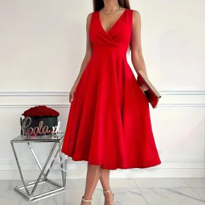 Basic Solid Color Sleeveless V Neck Midi Dress