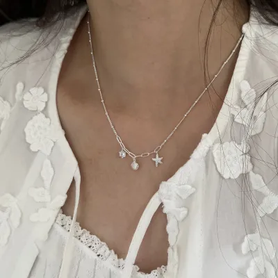 Simple Beach Vacation Style Starfish Shell Pendant Necklace Copper Cross Chain