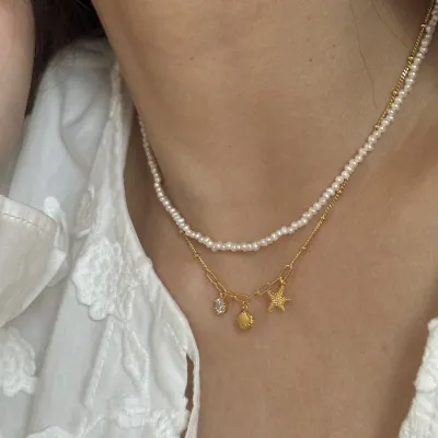 Simple Beach Vacation Style Starfish Shell Pendant Necklace Copper Cross Chain