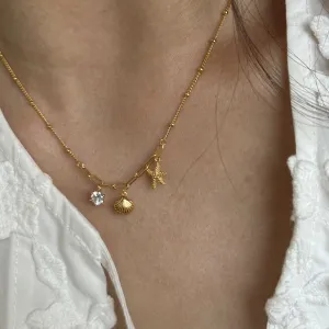 Simple Beach Vacation Style Starfish Shell Pendant Necklace Copper Cross Chain