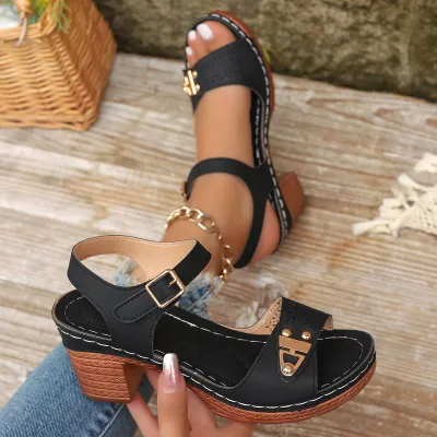 Plus Size Vintage Roman Sandals with Thick Heel
