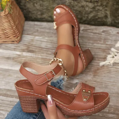 Plus Size Vintage Roman Sandals with Thick Heel