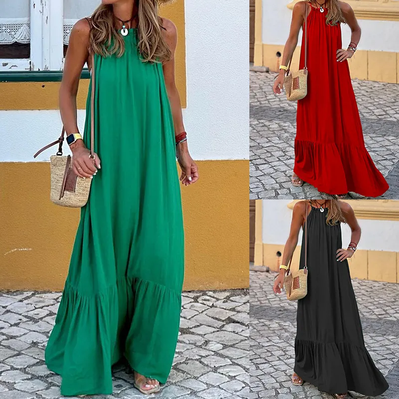 Spring Summer Women Sleeveless Halter Neck Ruffled Maxi Beach Dress