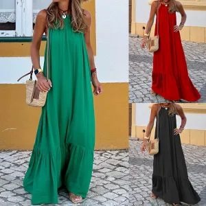 Spring Summer Women Sleeveless Halter Neck Ruffled Maxi Beach Dress