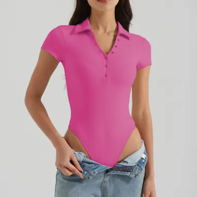 Quick-Drying Yoga Tight Fitness Polo Collar Short-Sleeved Sport Bodysuit