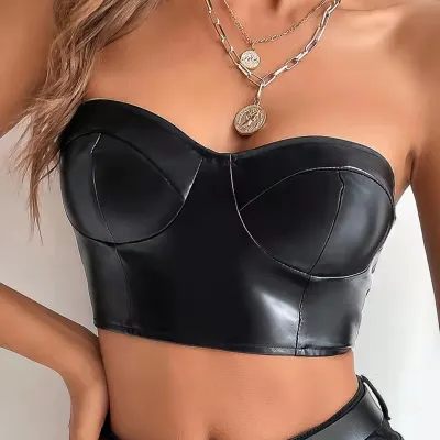 Women Sexy Solid Color PU Strapless Crop Top
