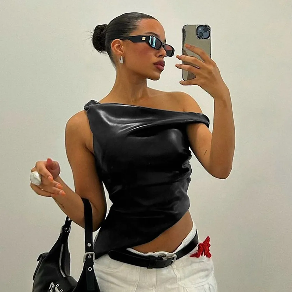 Women Sexy Sleeveless Irregular PU Cropped Top Street Hipster