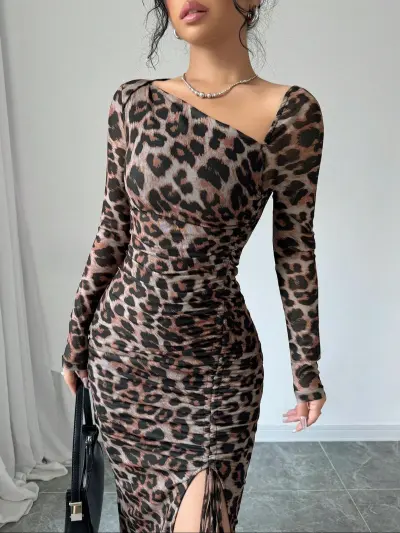 Women Sexy Leopard Print Long Sleeve Side Slit Bodycon Maxi Dress