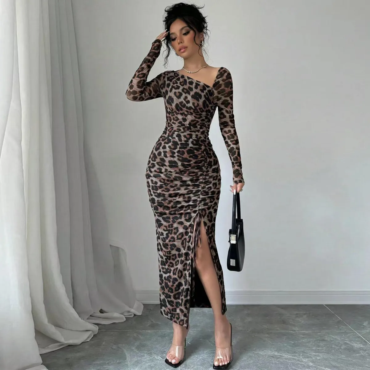 Women Sexy Leopard Print Long Sleeve Side Slit Bodycon Maxi Dress