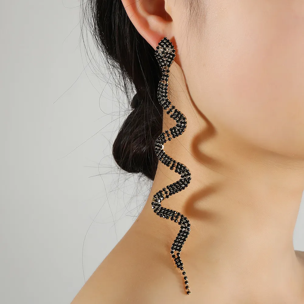 Fashion Exaggerated Black Rhinestone Snake Earrings Original Design