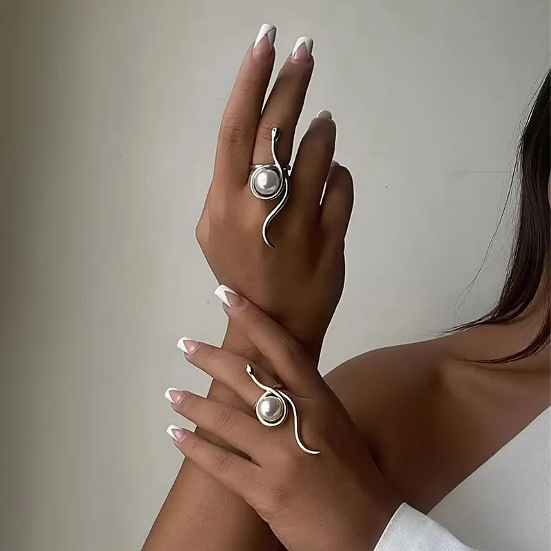 Personalized Snake Wound Pearl Open Ring Alloy
