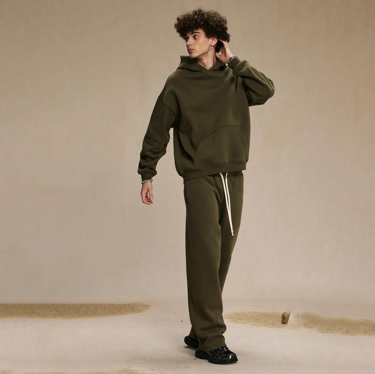 Men Fashion Loose Solid Color Fleece-Lined Pullover Hoodies