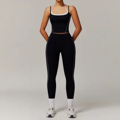 Women Yoga Color Contrast Two-Piece Set Nylon Spandex Sleeveless