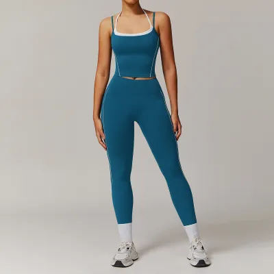 Women Yoga Color Contrast Two-Piece Set Nylon Spandex Sleeveless