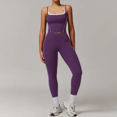 Women Yoga Color Contrast Two-Piece Set Nylon Spandex Sleeveless