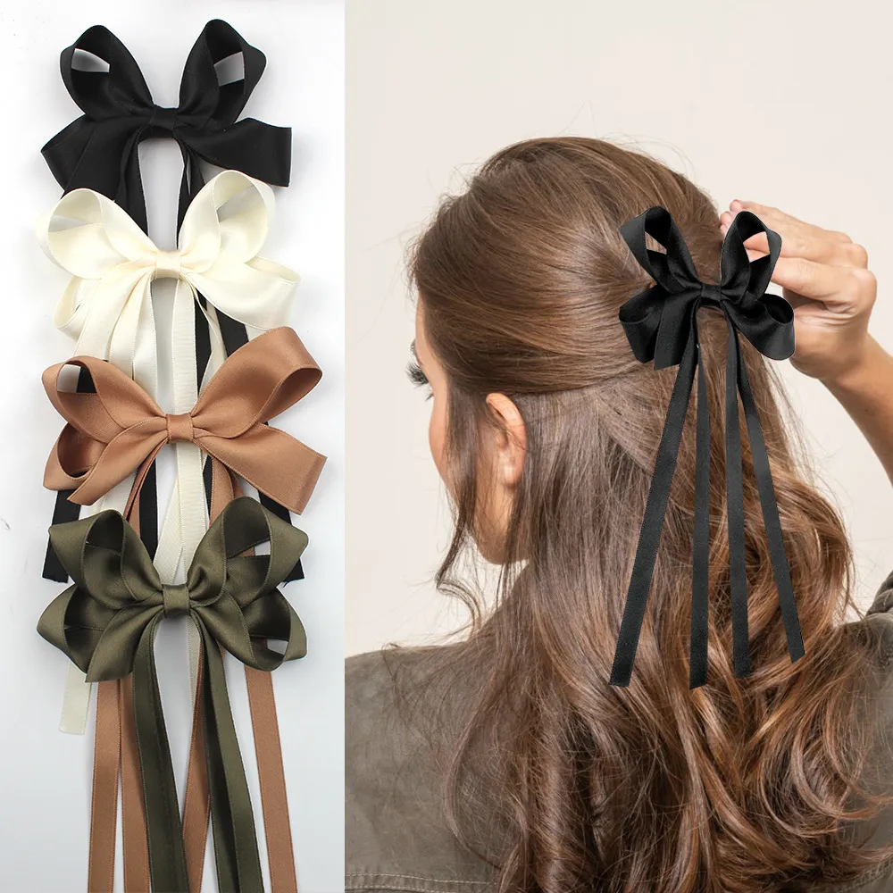 5pcs/set Women Fashion Solid Color Satin Long Bowknot Hairpin