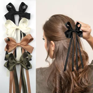 5pcs/set Women Fashion Solid Color Satin Long Bowknot Hairpin