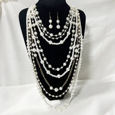 Women Fashion Exaggerated Multi-Layer Pearl Necklace Long Earrings Set U-Shaped Geometric
