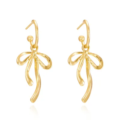 Women Fashion Simple Long Bowknot Copper Earrings