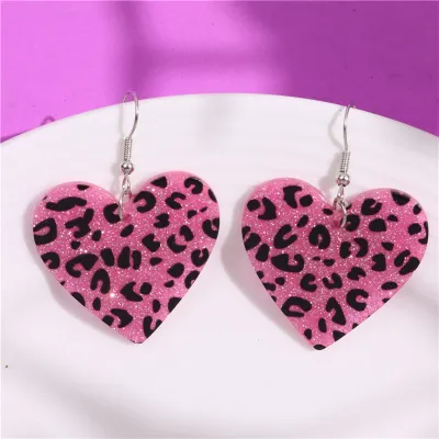 Women Fashion Glitter Leopard Acrylic Love-Shaped Earrings