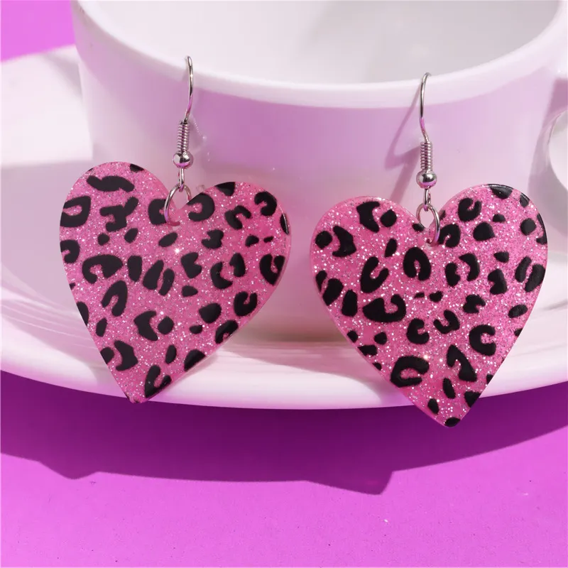Women Fashion Glitter Leopard Acrylic Love-Shaped Earrings