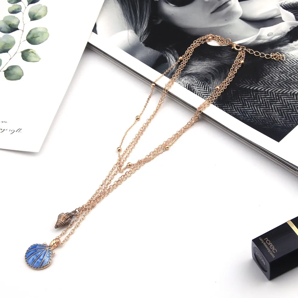 Women Fashion Boho Alloy Small Conch Shell Pendant Multi-Layer Necklace