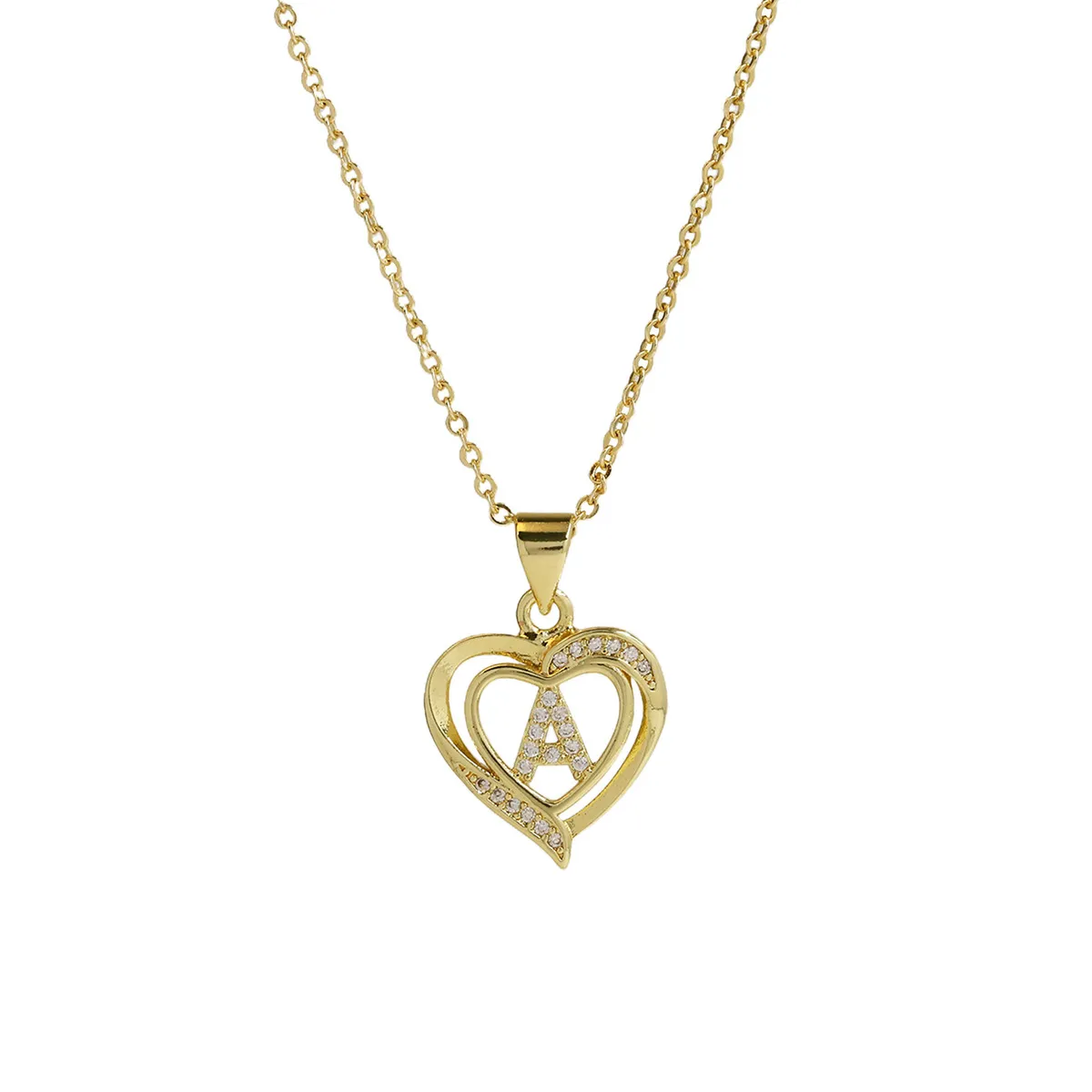 Women Fashion 18k Brass Rhinestone Heart-Shape 26 Alphabet Pendant Necklace