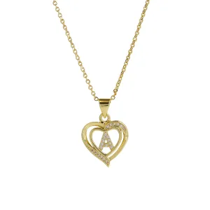 Women Fashion 18k Brass Rhinestone Heart-Shape 26 Alphabet Pendant Necklace